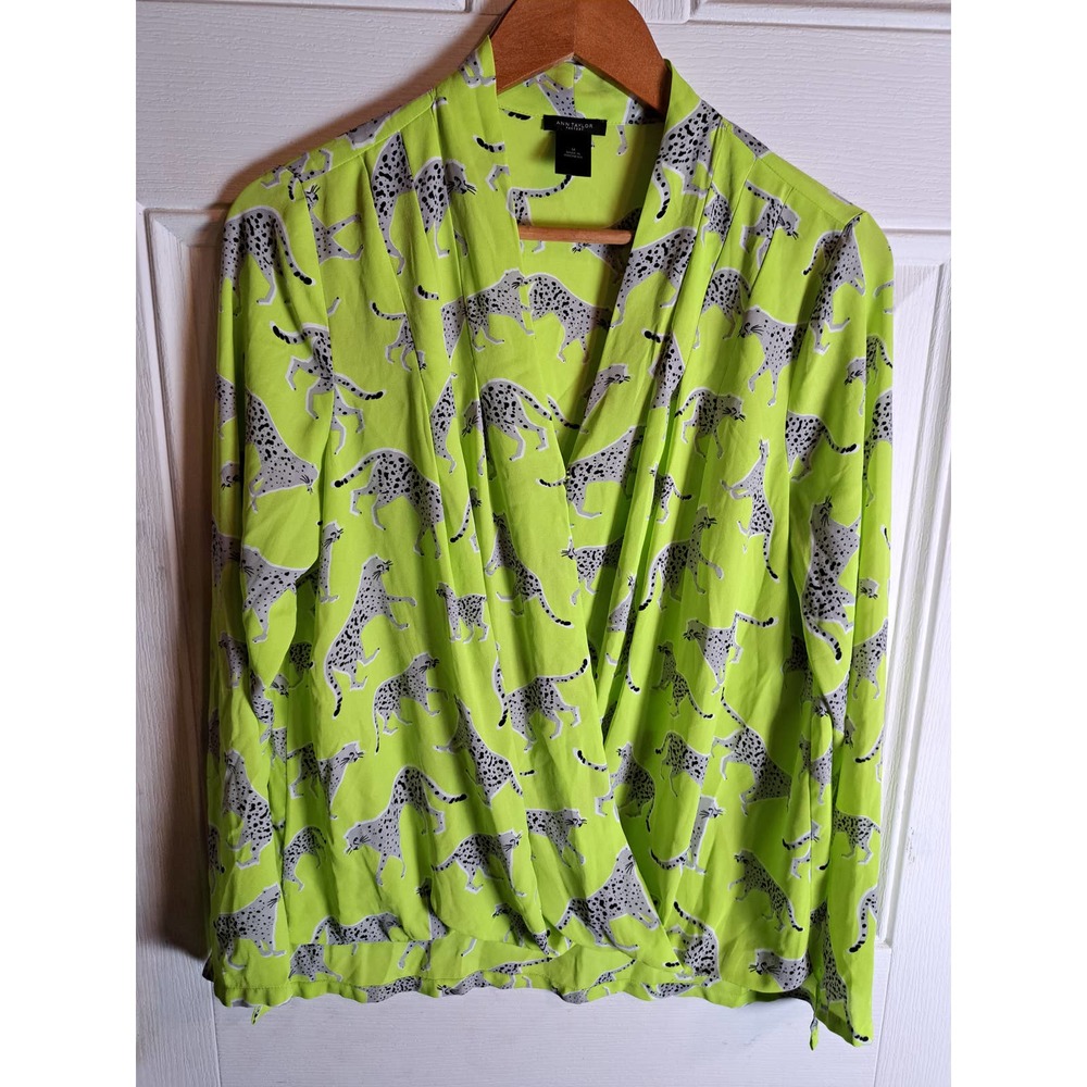 Ann Taylor Faux Wrap Blouse Sz Med Animal Jaguar Novelty Lime Green & Black